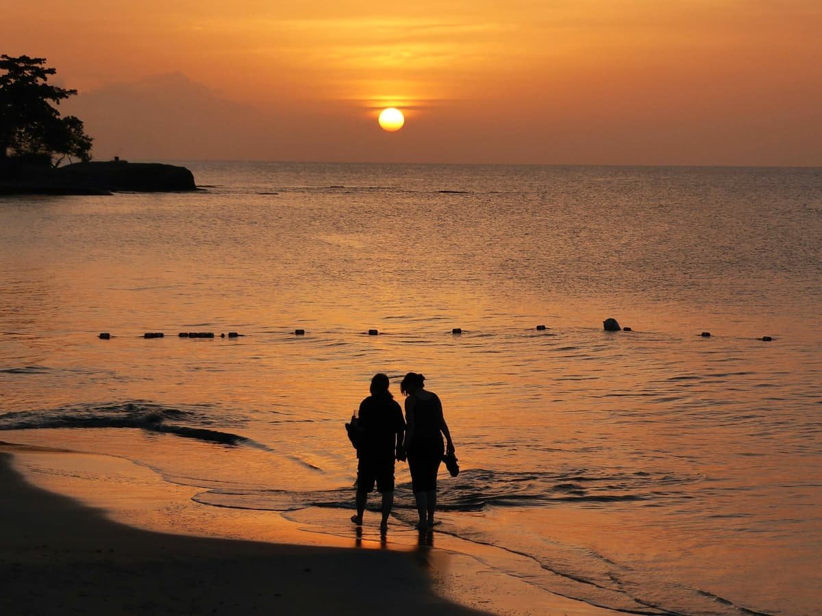 Silhouette of 2 people standing on beach during sunset
