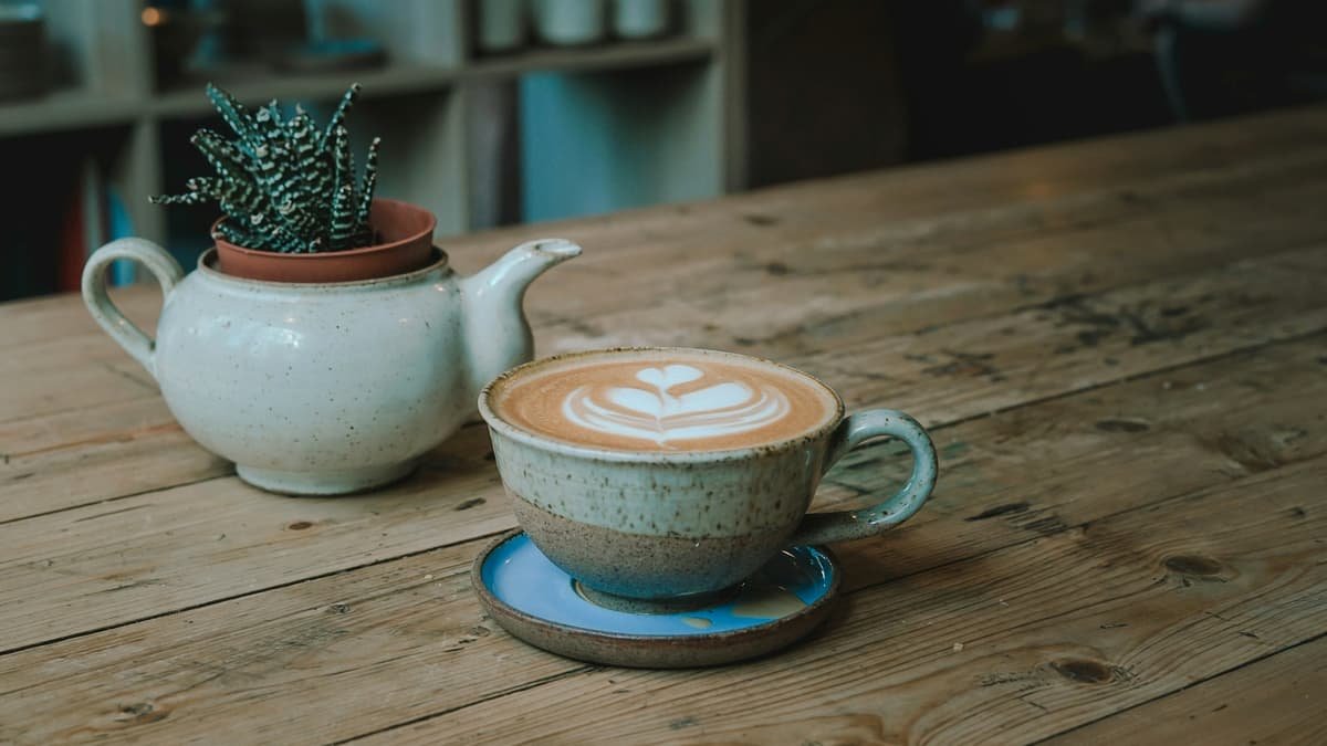 White and beige ceramic mug