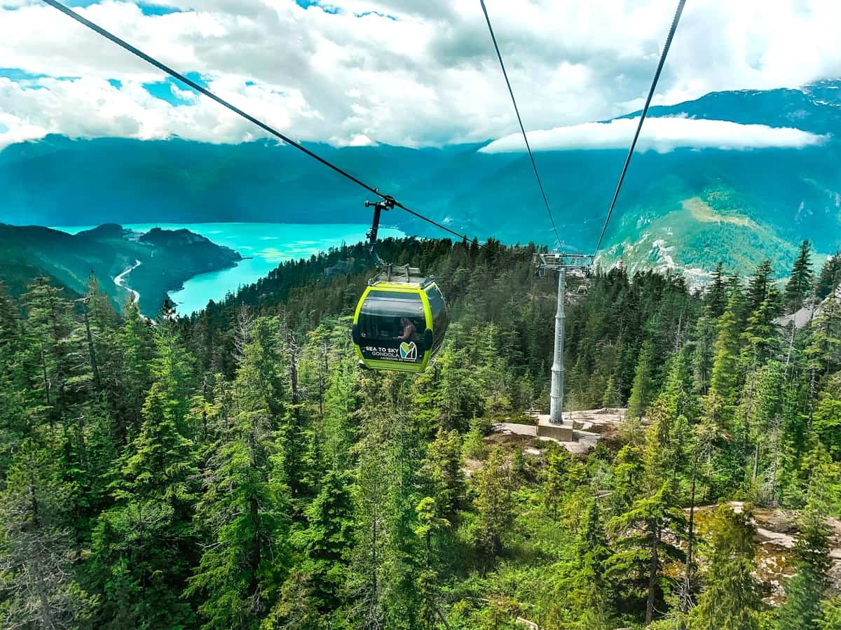 Green and black cable car over green pine trees under blue sky during daytime: date idea in British Columbia
