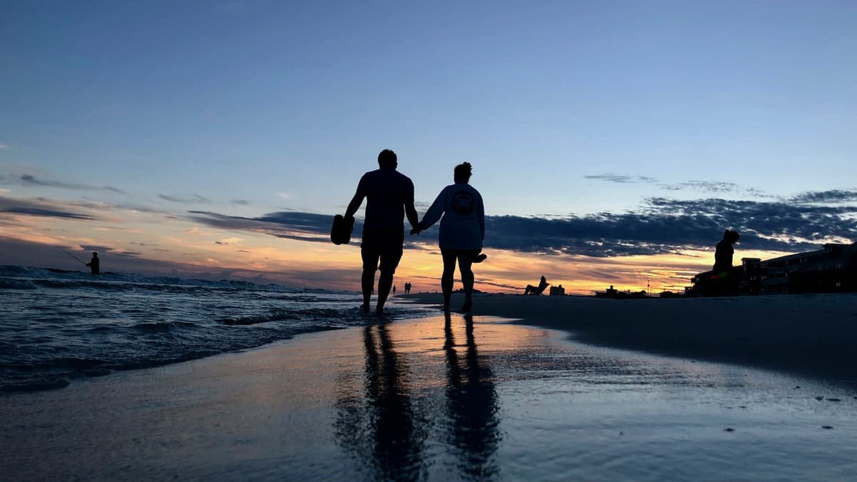 Silhouette photography of two people walking on seashore, date night in the Northwest Territories