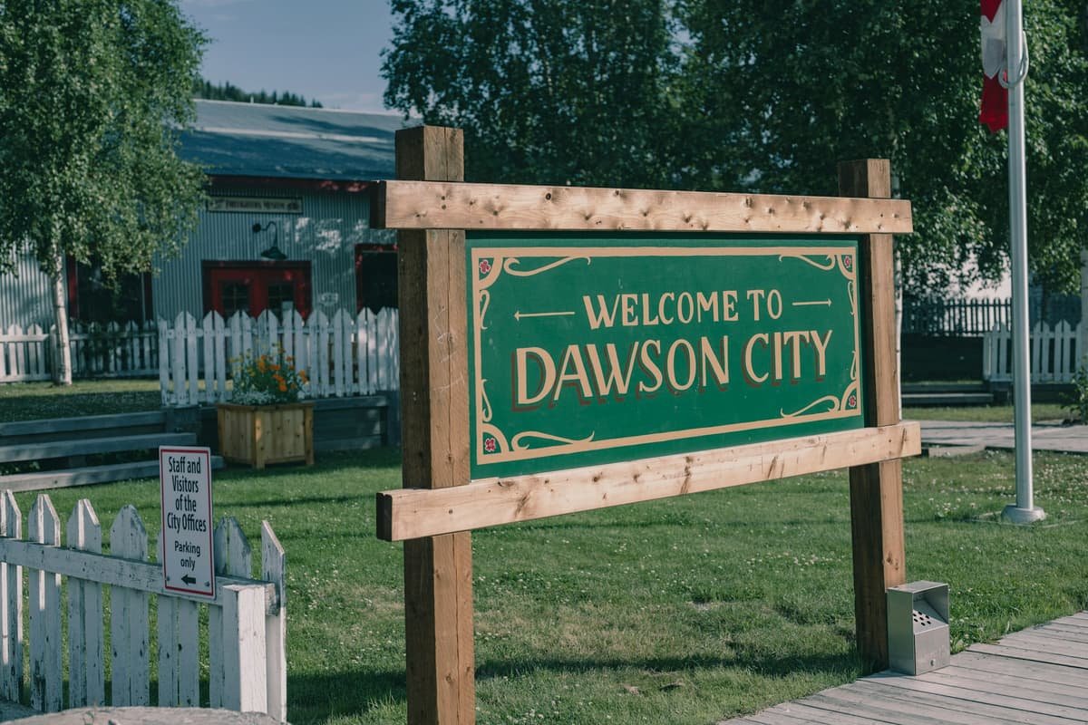 Welcome sign: dawson city awaits its visitors in Dawson City, Yukon